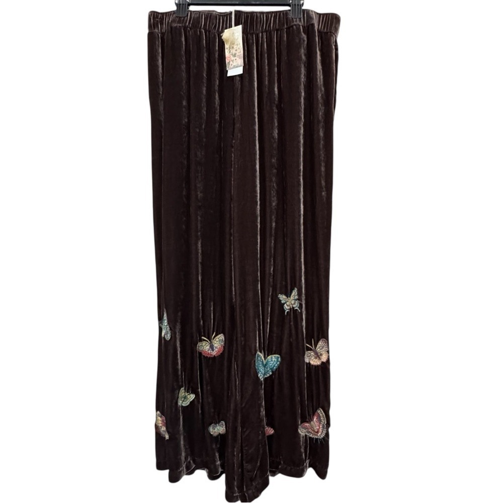 Johnny Was Lucia Butterfly Wide Leg Pants Large Brown Silk Blend Velvet - Picture 2 of 8